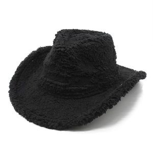Plush black western cowboy hat with wide brim and warm wool-like texture for winter