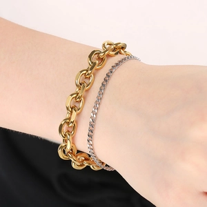 Double layered gold curb chain and silver bead bracelet set for men in stainless steel