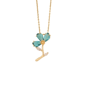 Fashionable golden necklace with a turquoise floral pendant and sparkling crystals