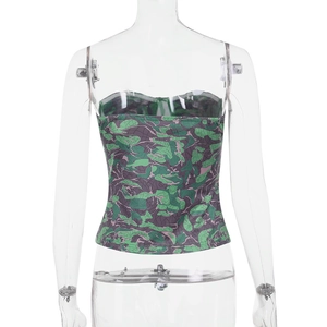 Detailed back view of a slim fit green and purple floral print tube top on mannequin