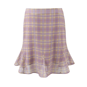 Detail view of the purple and yellow plaid ruffle skirt with elegant fishtail hem