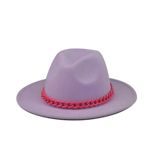 Close-up of lavender wool fedora hat featuring a stylish pink chunky chain decoration