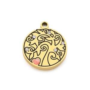 Golden stainless steel Tree of Life pendant with rhinestones and pink heart inlay