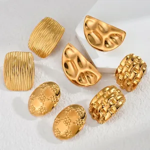 Vintage Stainless Steel Geometric Textured Earrings Rings For Women Gold Plated Relief Floral Fashion Jewelry Accessories