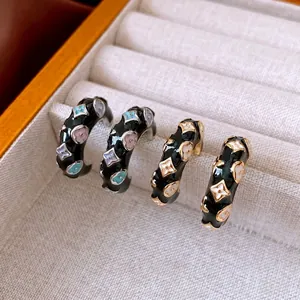 French Vintage C-Shape Hoop Earrings Copper Enamel Flower Pattern With 925 Sterling Silver Earring Post For Women