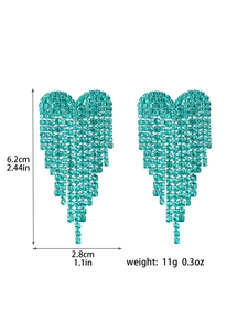 Detailed dimensions of blue rhinestone heart tassel earrings with measurement labels