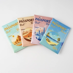 UV printed PU leather passport holders in four colors with scenic travel illustrations