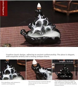 Detailed view of backflow incense burner showing tiered lotus leaves and water-like smoke
