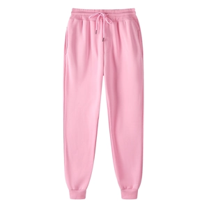 Pink fleece joggers with drawstring elastic waist and ribbed cuffs for sports