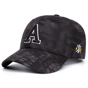 Classic curved brim baseball cap in black shadow camo with 3D letter A embroidery