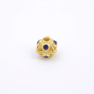 Hollowed geometric gold bead with blue inset stones for DIY jewelry making