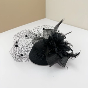 Elegant Vintage Fascinator Hat With Mesh Veil Feather Flower Bridal Wedding Party Hair Accessory