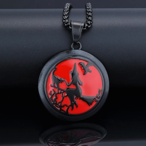 Gothic black witch on broom pendant necklace in red and black enamel with steel chain