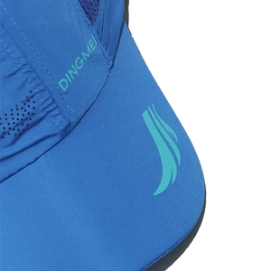 Detail of blue quick-dry sports cap featuring side mesh vents and DINGMEI print