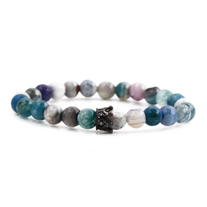 8mm faceted natural stone beaded crown bracelet with multiple color options and black metal charm