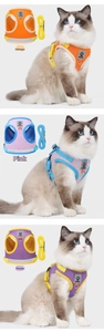 Breathable mesh cat harness with reflective strips and buckle detail in three colors