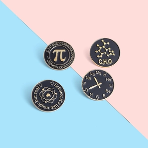 Set of 4 gold and black enamel science pins featuring Pi and chemical formulas