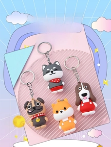 Detail view of cute PVC cartoon dog keychains featuring Husky, Pug, Beagle, and Shiba Inu