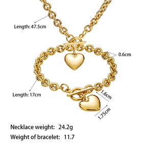 Golden titanium steel jewelry set with heart pendant and toggle clasp for women