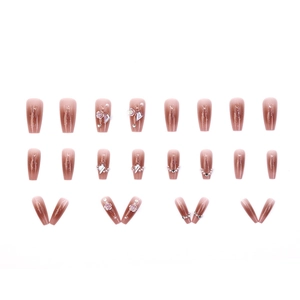 Coffin press-on nails with pink gradient, 3D camellia flowers, and pearl accents