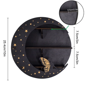 Detailed size view of crescent moon wooden shelf with star and butterfly cutouts