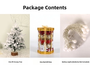 Three-piece Christmas kit with snow-flocked PE tree, baubles and LED light string