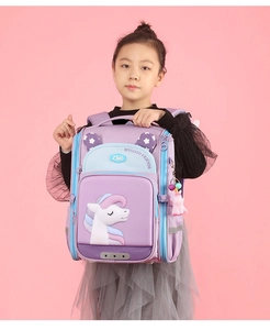 Detail view of purple unicorn school backpack with high-elastic fabric and 3D animal ears