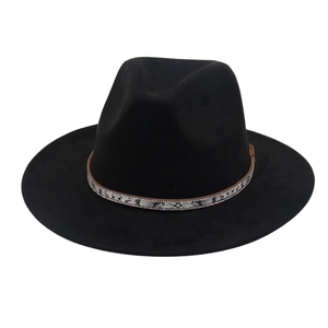 Close-up of black felt fedora hat featuring a snakeskin band with shimmering rhinestones