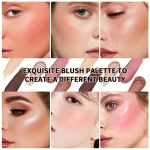 Gedetailleerde swatches van waterbestendig zes-kleuren blush palet met matte texturen