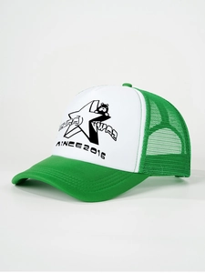 Detail of green mesh trucker hat showing high-quality texture and star bear print