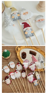 Close-up of handmade felt Santa and Gnome picks with knitted textures for Christmas bouquets