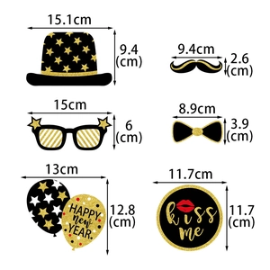 35-piece black and gold 2026 New Year photo booth props with glitter and dimensions