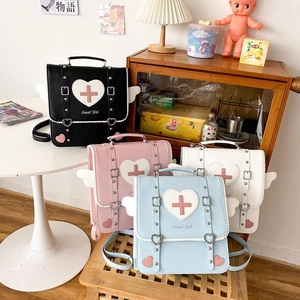 Lolita style PU leather backpacks with heart prints and decorative wings in four colors