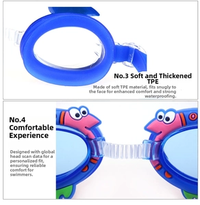 Detail showing soft TPE blue swim goggles for kids with cute pink crab cartoon decorations