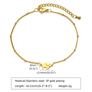 Detail of gold elephant pendant bracelet with adjustable stainless steel bead chain