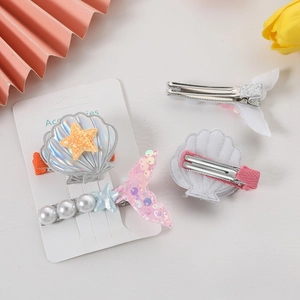 Mermaid seashell and glitter starfish hair clips set for girls with pearls