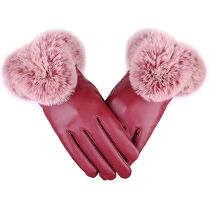 Wasserdichte rote Lederhandschuhe für Damen mit rosa Plüschmanschetten für den Winter