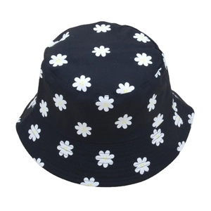 Classic black daisy fisherman hat with white flower pattern and wide brim for sun protection