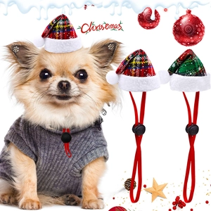 Christmas Pet Hat Plaid Pattern Adjustable Elastic Strap Soft Plush Trim For Cats Small Dogs Holiday Cosplay Costume