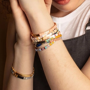 Bohemian Tila Bead Bracelet Colorful Enamel Flat Rectangular Stacking Jewelry Elastic Ethnic Style For Women Men