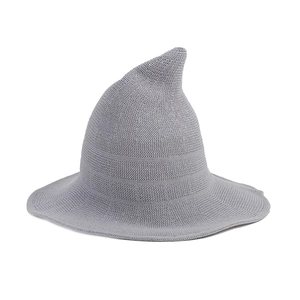 Minimalist grey knitted witch hat with pointed top and wide brim for Halloween