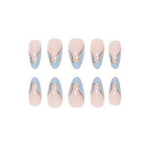 Almond shaped press-on nails featuring blue and pink color blocks with gold line accents