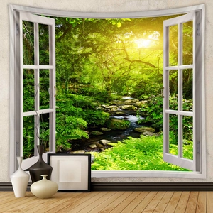 Detailed 3D landscape tapestry showing a forest stream view through a white window frame