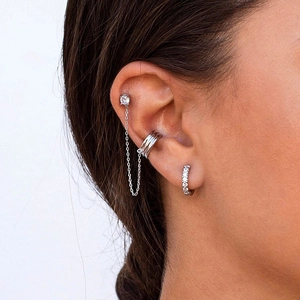 S925 silver long tassel earrings with round zircon studs and layered ear cuff