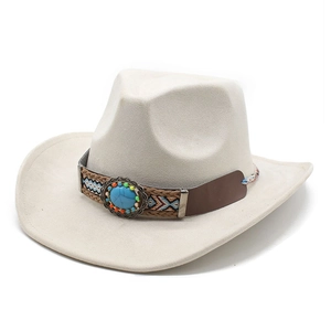 Detail of western cowboy hat with bohemian turquoise stone hatband and woven strap