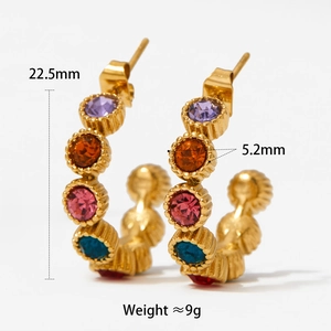 Detail of gold C-shape stainless steel earrings with multi-color 5.2mm zircon stones