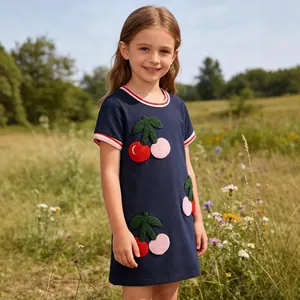 Robe En Coton Pour Filles Manches Courtes Bleu Marine Avec Broderie Cerise Encolure Rayée Décontractée Été