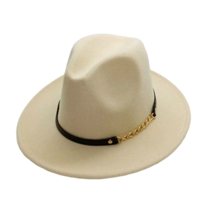 Detailed macro view of the cream wool felt fedora featuring a gold chain and black band