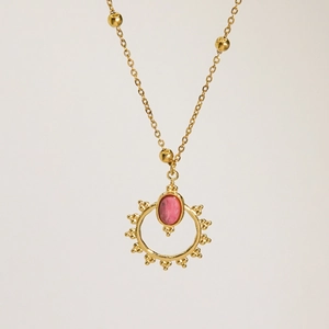 Collar vintage francés con colgante de sol, piedra rosa y baño de oro de 14 quilates