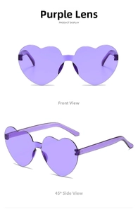 Detail view of purple rimless heart-shaped sunglasses from front and side angles